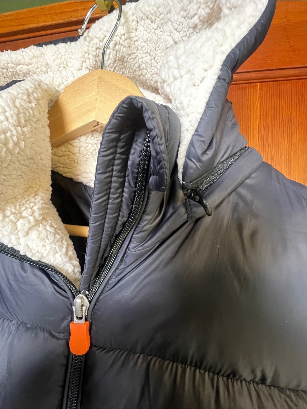 Save The Duck Black Long Puffer Vest Sherpa Hood | Size Small - Picture 3 of 9